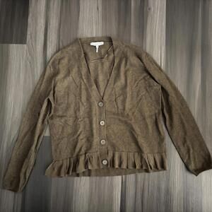 Sandro Women's Cashmere Cardigan Size 3 Large Brown V-Neck Button Ruffled Hem